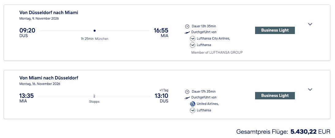 Lufthansa Buchungsübersicht Business Light Düsseldorf – Miami am 9. November 2026 und Miami – Düsseldorf am 16. November 2026, Gesamtpreis 5.430,22 EUR