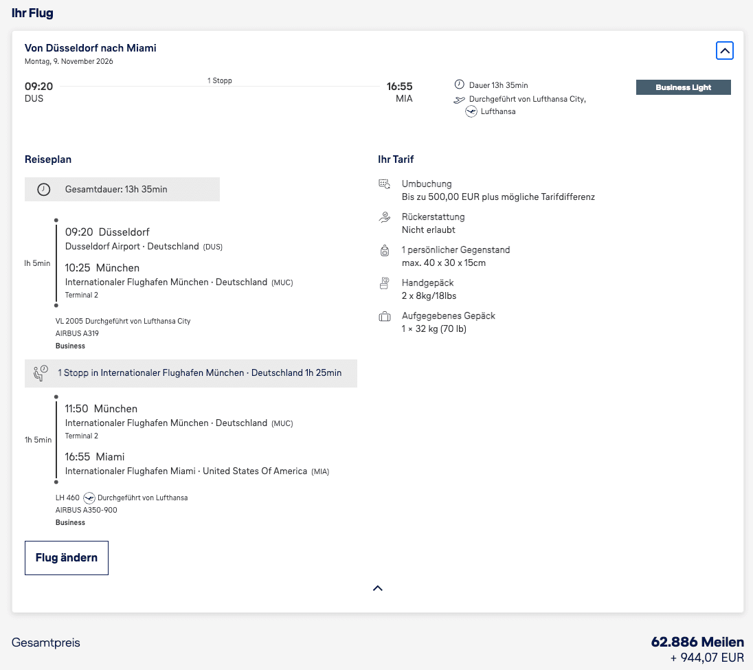 Lufthansa Prämienflug Düsseldorf – Miami am 9. November 2026 über München in Business Light für 62.886 Meilen plus 944,07 EUR