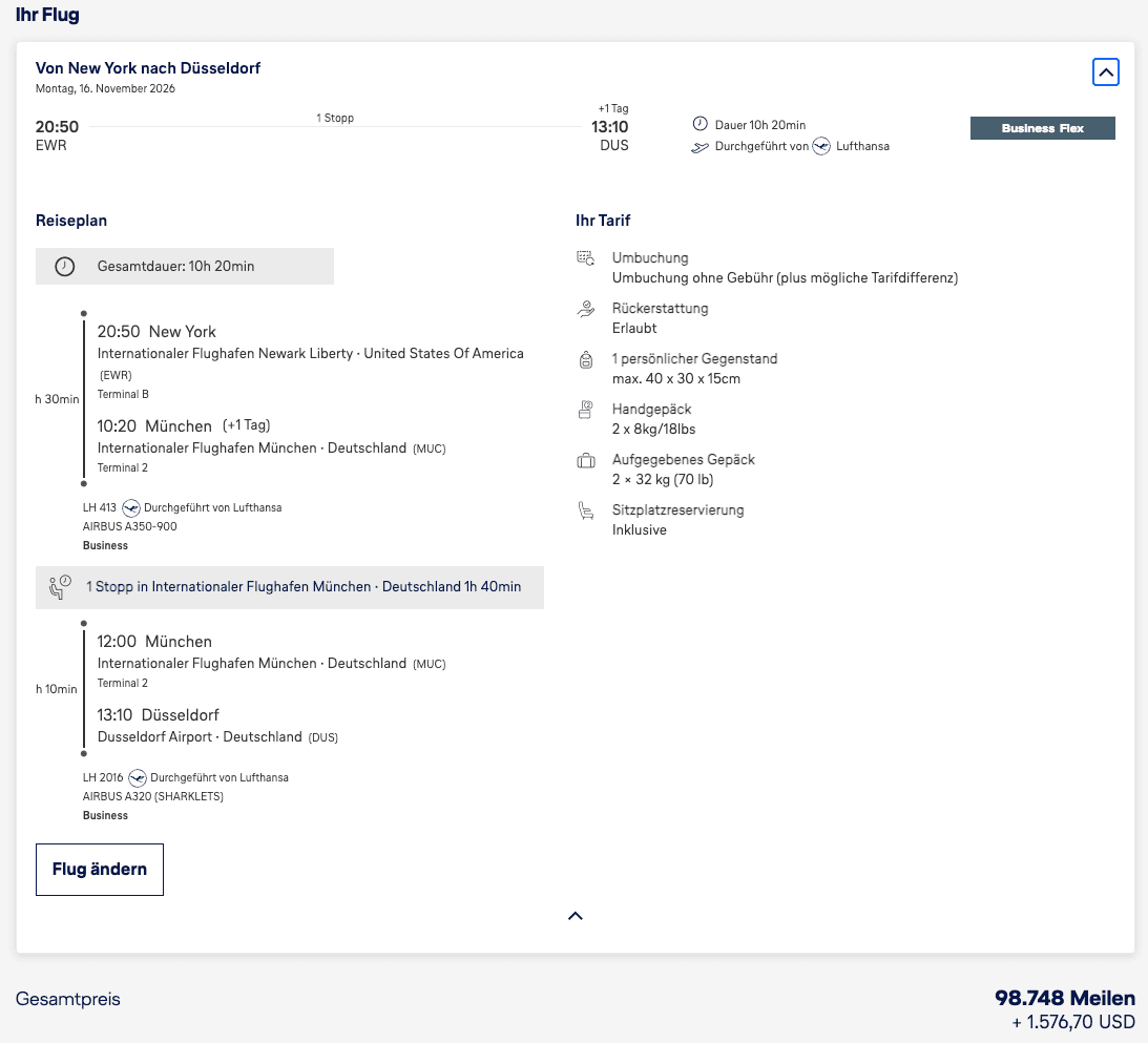 Lufthansa Prämienflug Newark – Düsseldorf am 16. November 2026 über München in Business Flex für 98.748 Meilen plus 1.576,70 USD