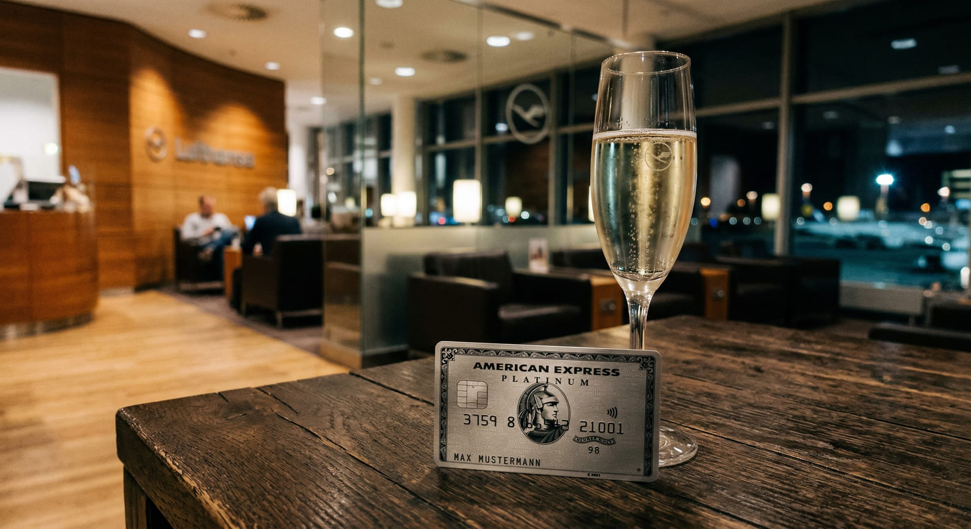 Amex Platinum Karte in einer Lufthansa Lounge mit einem Glas Champagner.