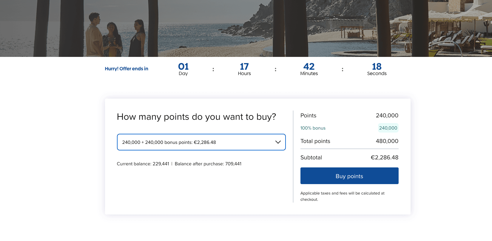 Screenshot des Hilton Honors Punkte-Kauf-Menüs mit 100% Bonus Anzeige und Preis in EUR