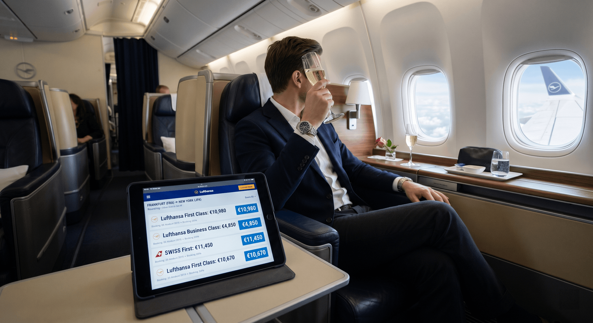 Passagier in der Lufthansa First Class Kabine mit Champagner und iPad-Preisvergleich für Flüge von Frankfurt nach New York.