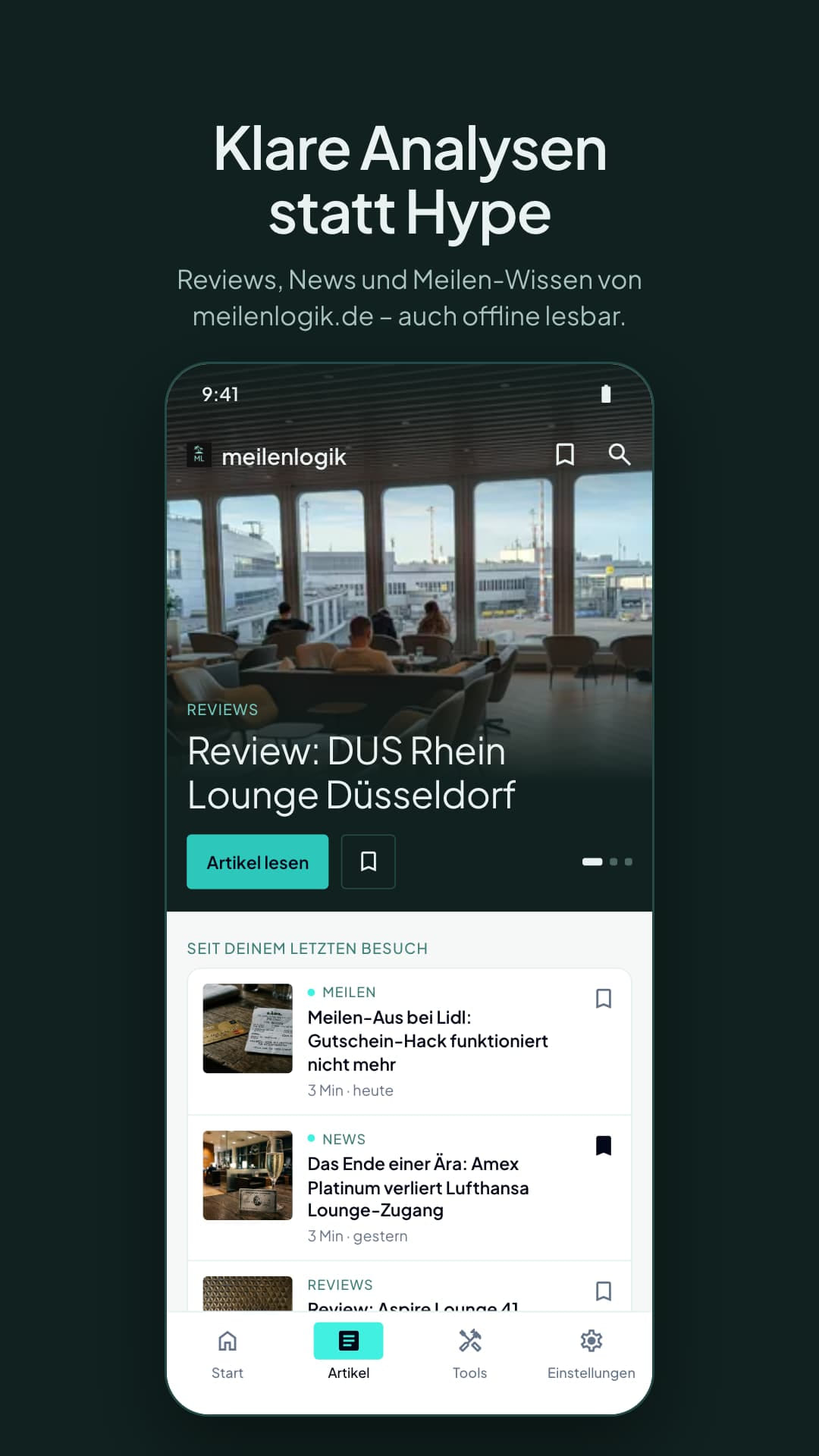 Artikel-Tab der Meilenlogik-App mit Titelgeschichte „Review: DUS Rhein Lounge Düsseldorf“ und der Liste „Seit deinem letzten Besuch“