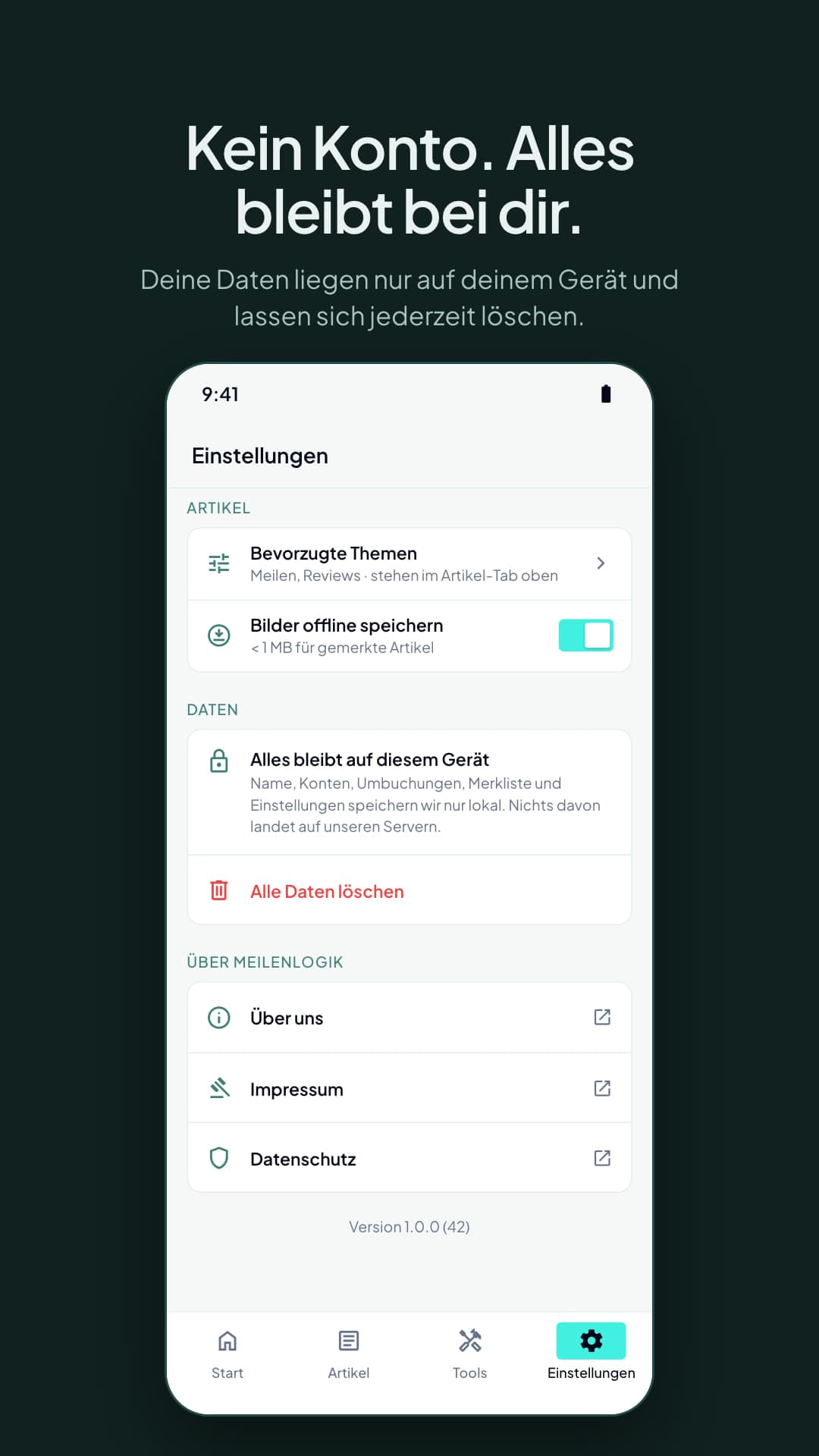 Einstellungen der Meilenlogik-App mit dem Hinweis „Alles bleibt auf diesem Gerät“ und der Option „Alle Daten löschen“