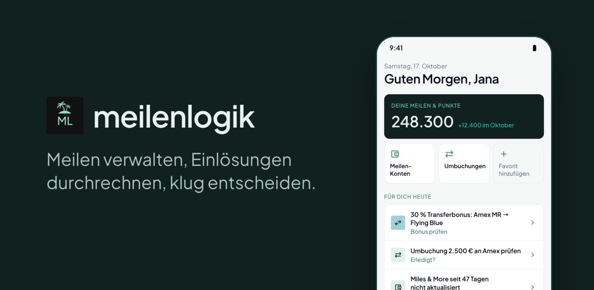 meilenlogik-Logo mit dem Slogan „Meilen verwalten, Einlösungen durchrechnen, klug entscheiden.“ neben dem Startbildschirm der App