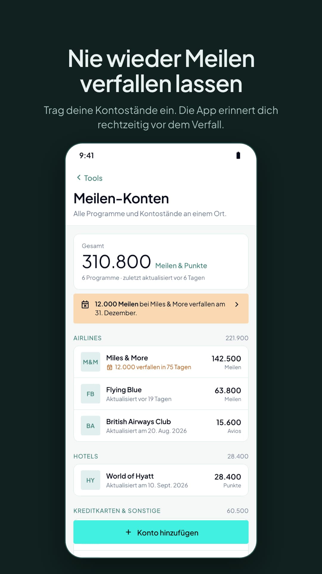 Meilen-Konten in der Meilenlogik-App, gruppiert nach Airlines und Hotels, mit Warnung vor verfallenden Miles & More Meilen