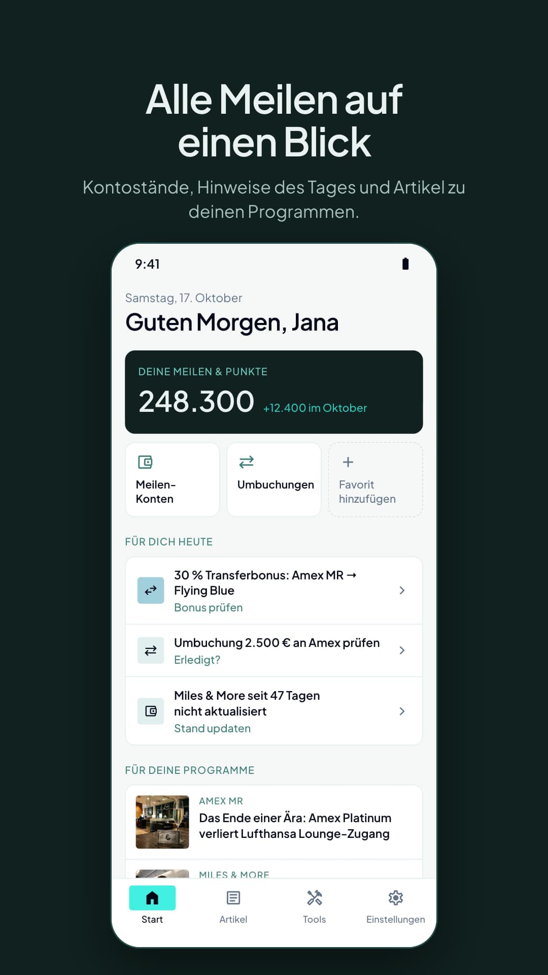 Startbildschirm der Meilenlogik-App mit Gesamtstand der Meilen und Punkte, Kacheln für Meilen-Konten und Umbuchungen sowie Hinweisen des Tages