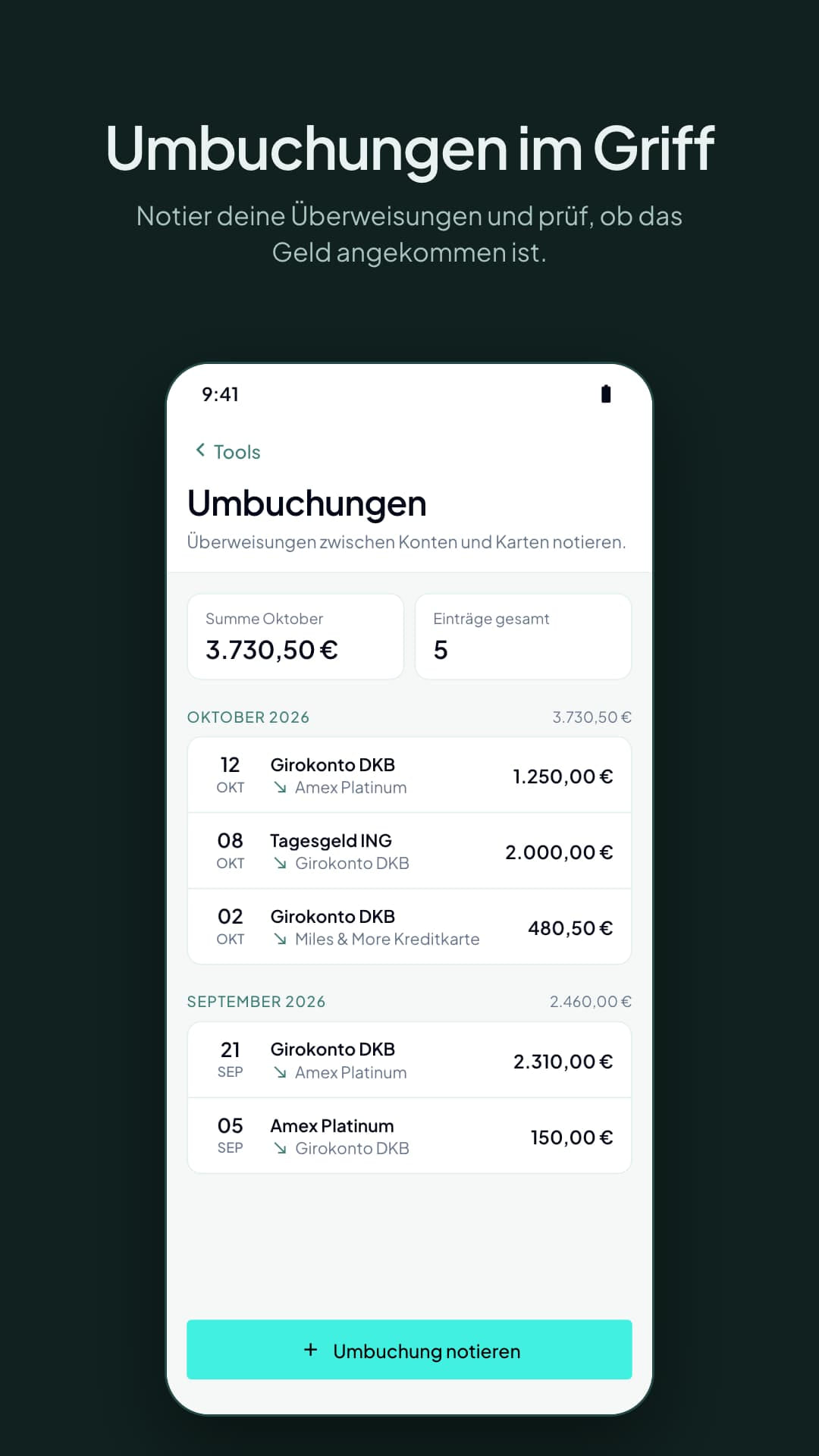Umbuchungen-Tool der Meilenlogik-App mit notierten Überweisungen zwischen Konten und Karten, sortiert nach Monaten