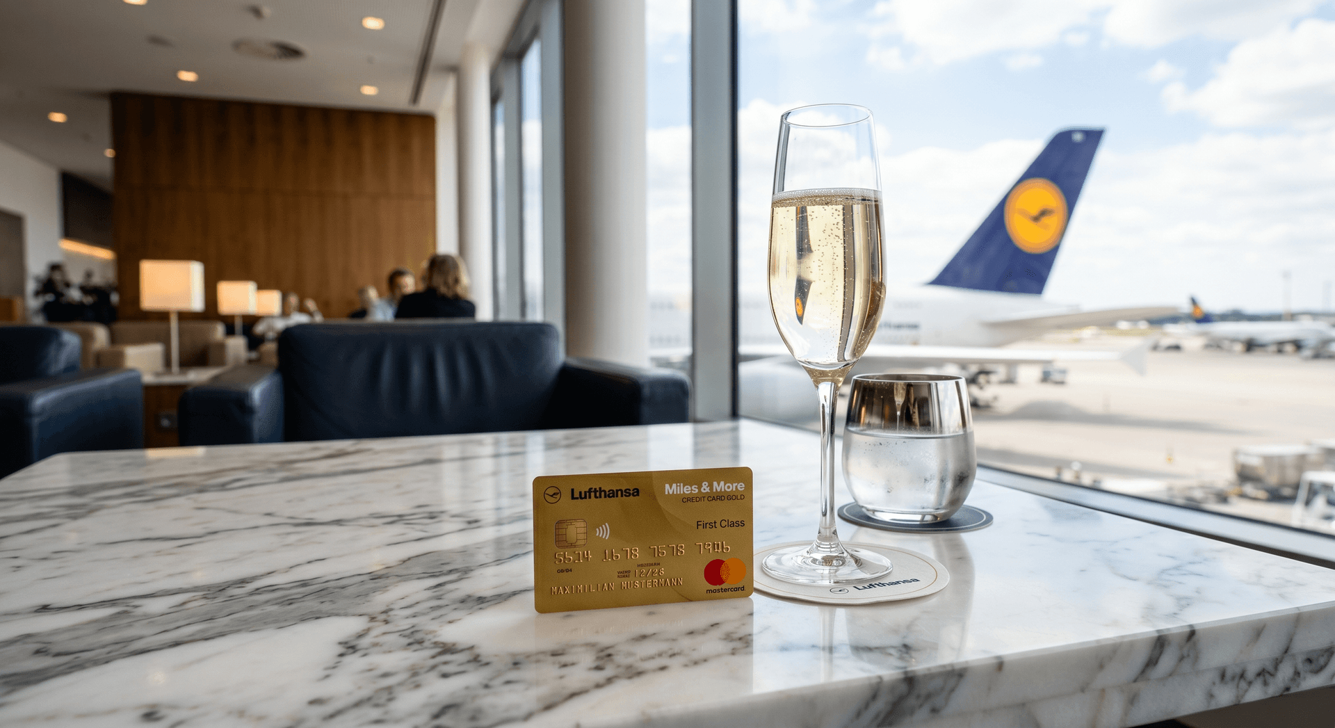 Lufthansa Miles & More Kreditkarte Gold auf einem Tisch in der Lounge.