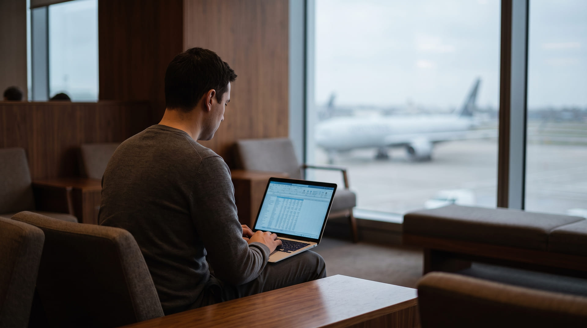 Reisender arbeitet am Laptop an einer Tabelle in einer ruhigen Flughafenlounge