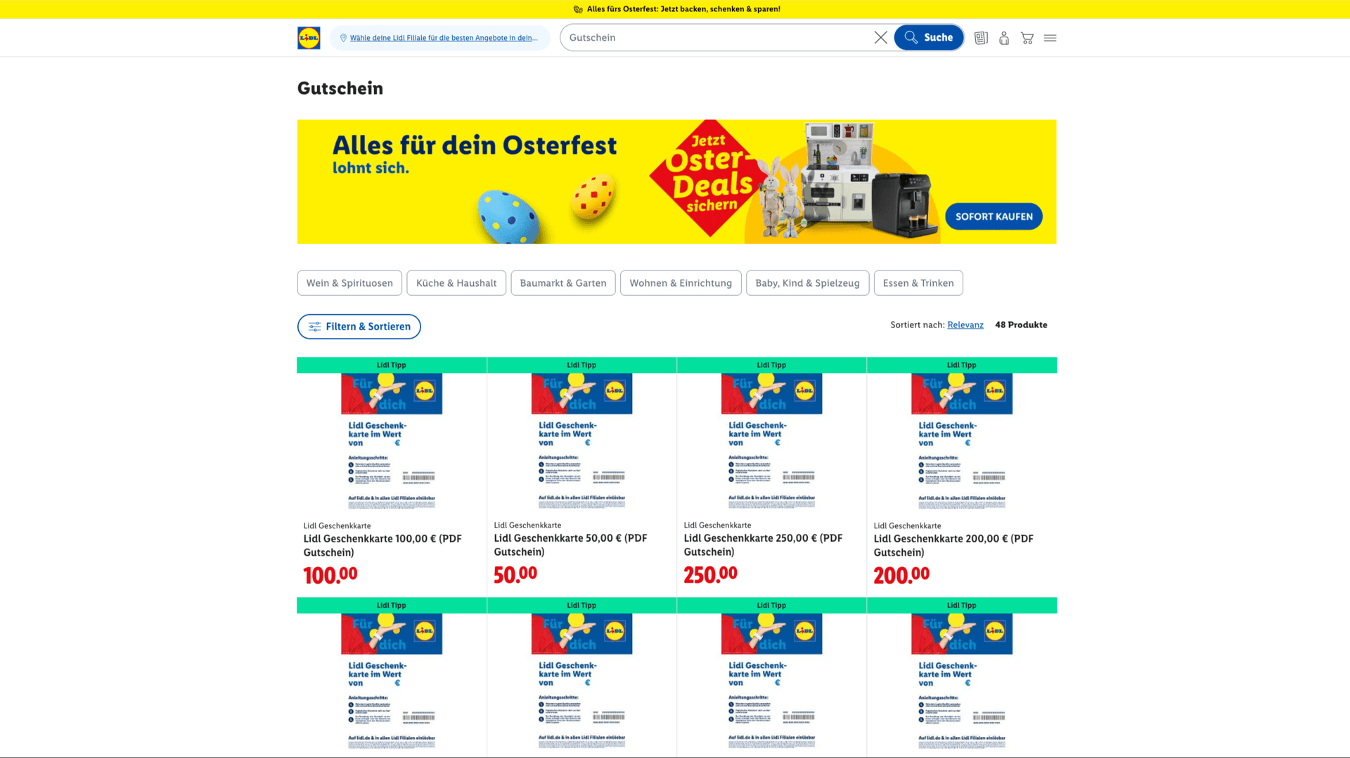 Screenshot des Lidl Online-Shops mit einer Übersicht von Lidl Gutscheinen