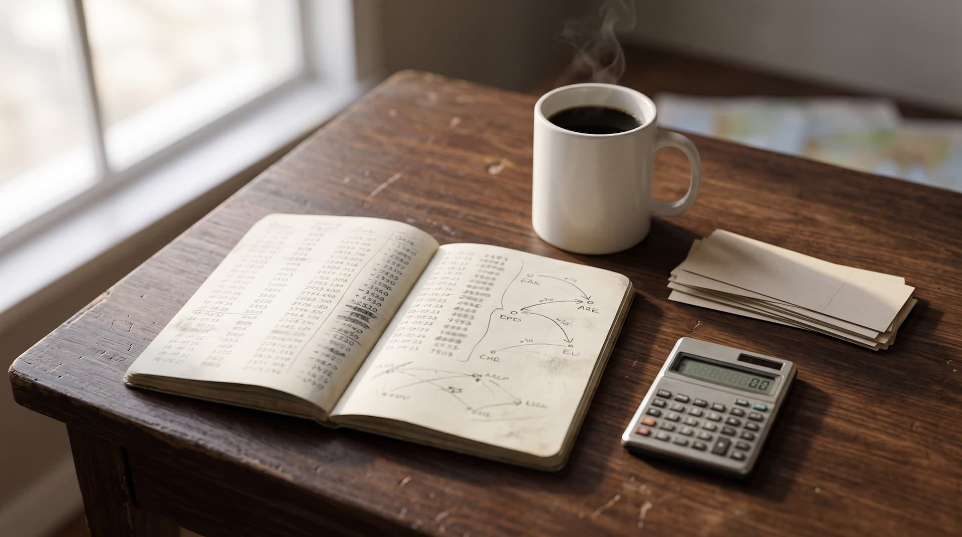 Notizbuch mit handschriftlicher Meilenrechnung, Taschenrechner und Kaffee auf dunklem Holztisch